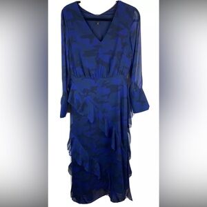 Banana Republic Women’s Dress 4 Blue Camouflage Long Sleeve V Neck Ruffles Lined